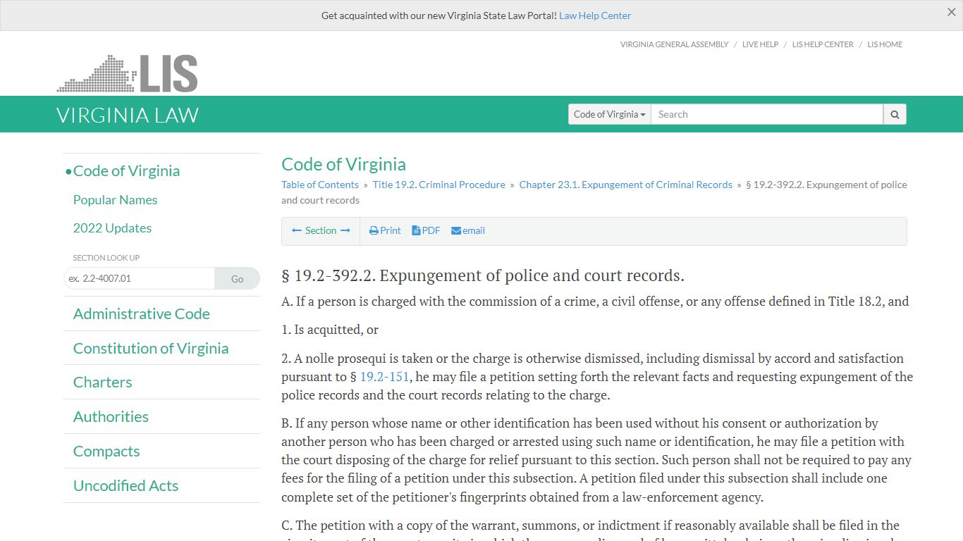 § 19.2-392.2. Expungement of police and court records - Virginia